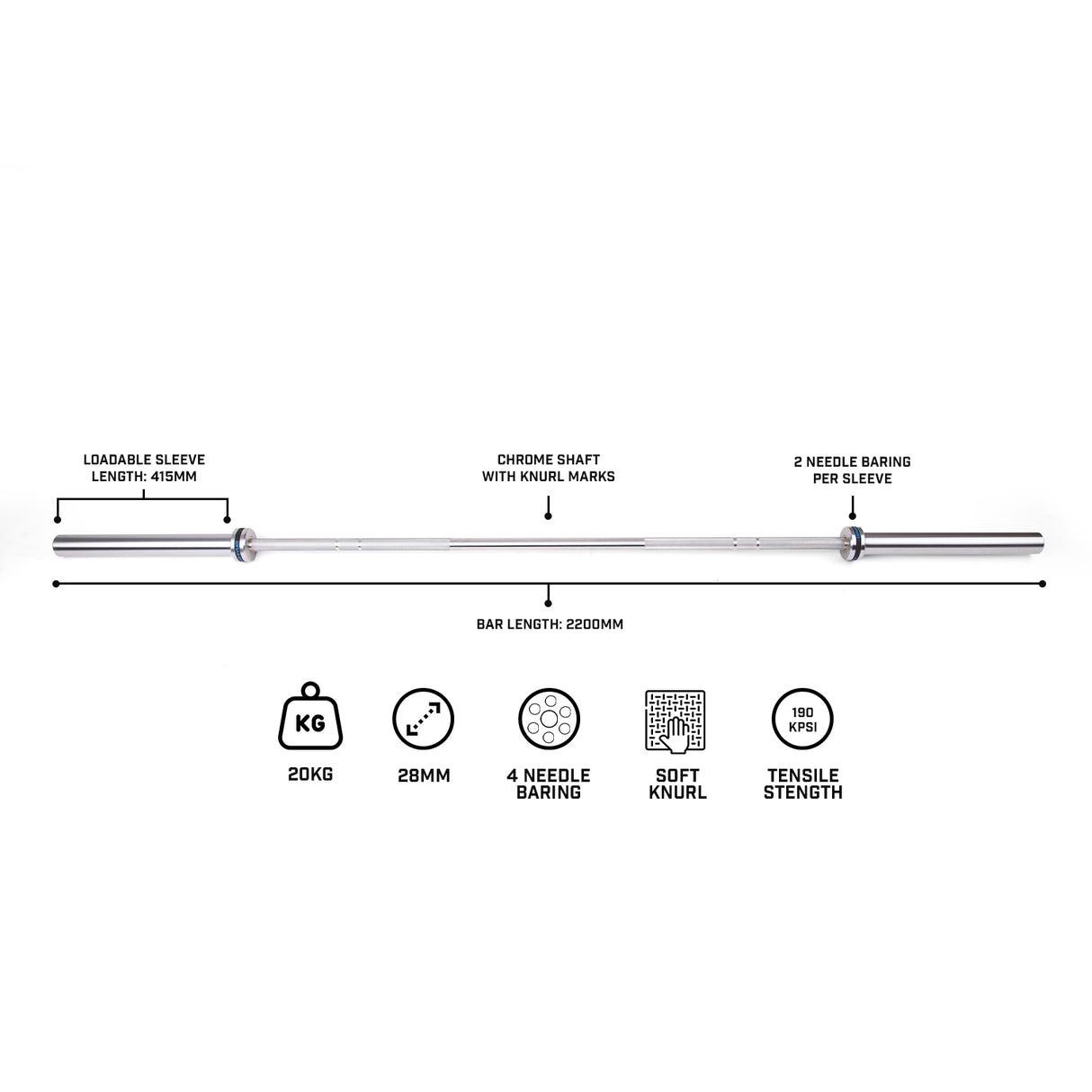 20kg Olympic Bar Barbell (7ft) Advanced - 1000lbs / 450kg max load